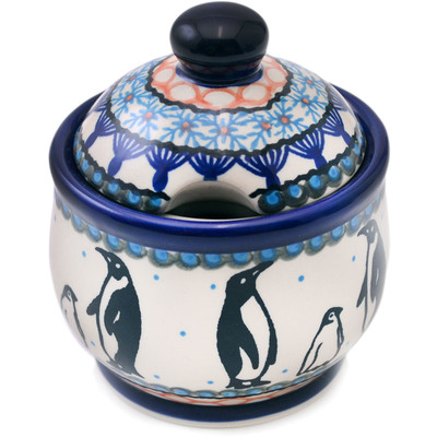 Polish Pottery Sugar Bowl 5 oz Penguins At Play UNIKAT