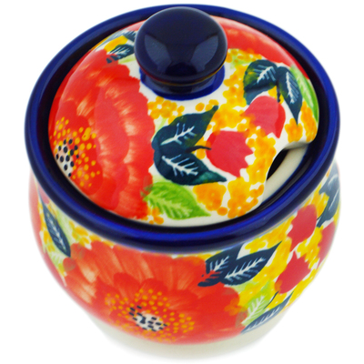 Polish Pottery Sugar Bowl 5 oz Red Fantasy UNIKAT