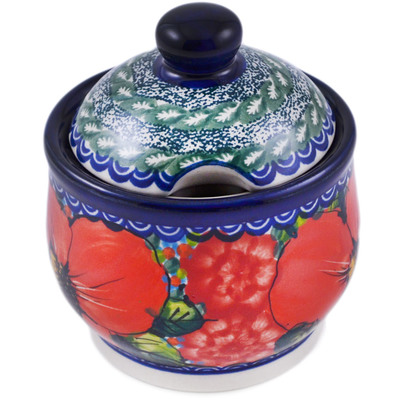 Polish Pottery Sugar Bowl 5 oz Resilient Red Poppies UNIKAT