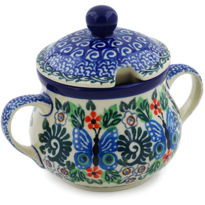 Polish Pottery Sugar Bowl 7 oz Blue Butterfly Brigade UNIKAT