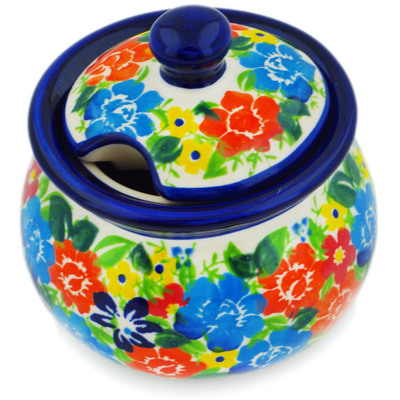 Polish Pottery Sugar Bowl 7 oz Bright Wildflowers UNIKAT