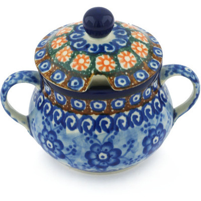Polish Pottery Sugar Bowl 7 oz Dancing Blue Poppies UNIKAT