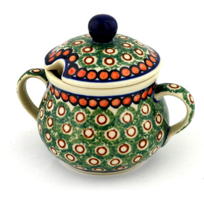 Polish Pottery Sugar Bowl 7 oz Emerald Polka Dot