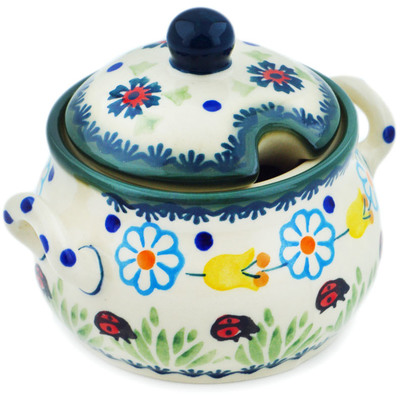 Polish Pottery Sugar Bowl 7 oz Flowers And Ladybugs