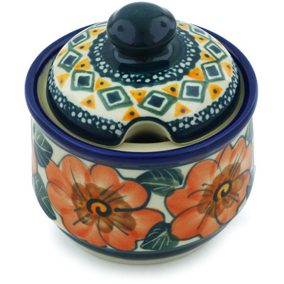 Polish Pottery Sugar Bowl 7 oz Peach Poppies UNIKAT