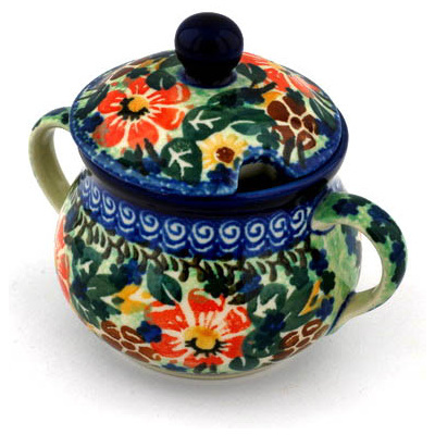 Polish Pottery Sugar Bowl 7 oz Pristine Pansy UNIKAT