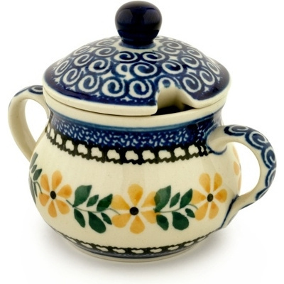 Polish Pottery Sugar Bowl 7 oz Yellow Daisy Swirls