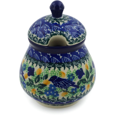 Polish Pottery Sugar Bowl 8 oz Sitting Blue Birds UNIKAT