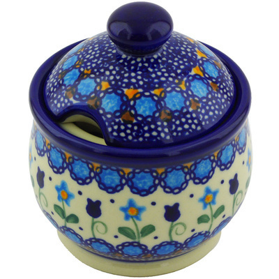 Polish Pottery Sugar Bowl 9 oz Blue Tulip Garden UNIKAT
