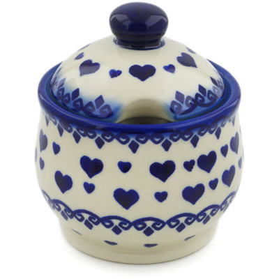 Polish Pottery Sugar Bowl 9 oz Blue Valentine Hearts
