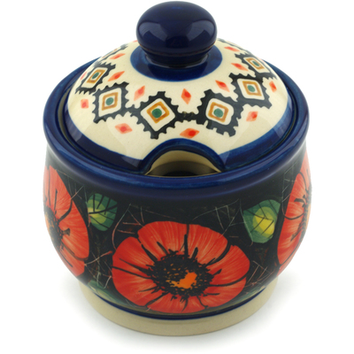 Polish Pottery Sugar Bowl 9 oz Poppy Passion UNIKAT