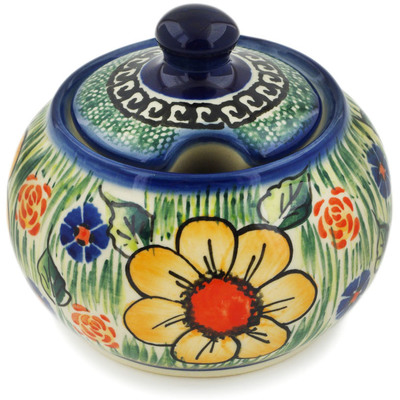 Polish Pottery Sugar Bowl 9 oz Yellow Flower UNIKAT