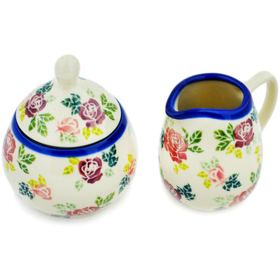 Polish Pottery Sugar Bowl and Creamer Vintage Rose