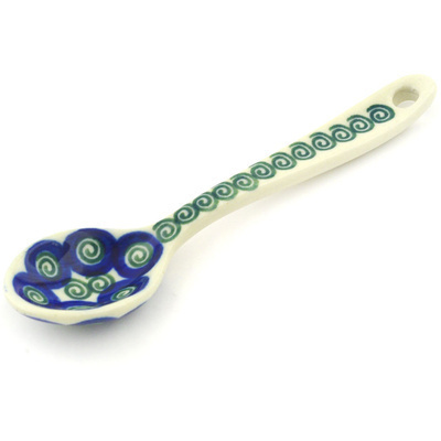 Polish Pottery Sugar Spoon Green Peacock Swirl