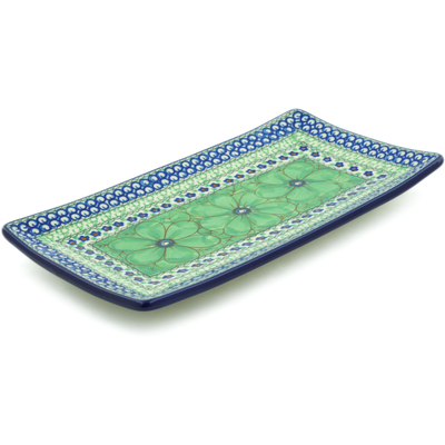 Polish Pottery Sushi Tray 12&quot; Green Pansies UNIKAT