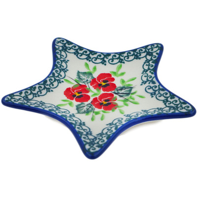 Polish Pottery Tea Bag or Lemon Plate 0&quot; Delicate Red Flowers