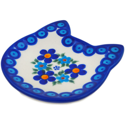Polish Pottery Tea Bag or Lemon Plate 4&quot; Blue Floral Lace