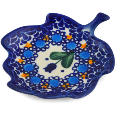 Polish Pottery Tea Bag or Lemon Plate 4&quot; Blue Tulip Garden UNIKAT