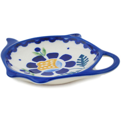 Polish Pottery Tea Bag or Lemon Plate 4&quot; Orange And Blue Flower