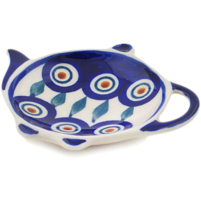 Polish Pottery Tea Bag or Lemon Plate 4&quot; Peacock