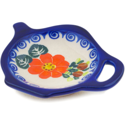 Polish Pottery Tea Bag or Lemon Plate 4&quot; Red Blossom