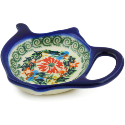 Polish Pottery Tea Bag or Lemon Plate 4&quot; Ring Of Flowers UNIKAT