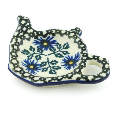 Polish Pottery Tea Bag or Lemon Plate 5&quot; Blue Chicory