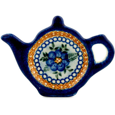 Polish Pottery Tea Bag or Lemon Plate 5&quot; Blue Poppy Circle UNIKAT