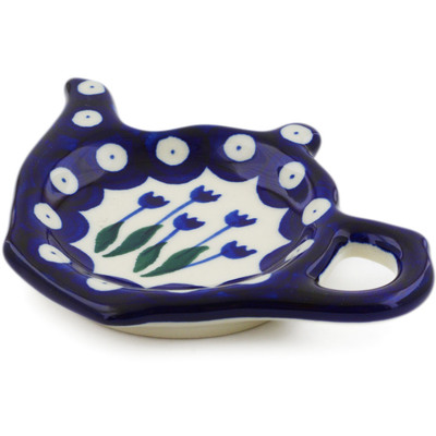 Polish Pottery Tea Bag or Lemon Plate 5&quot; Blue Tulip Peacock