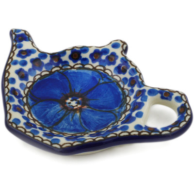 Polish Pottery Tea Bag or Lemon Plate 5&quot; Cobalt Poppies UNIKAT