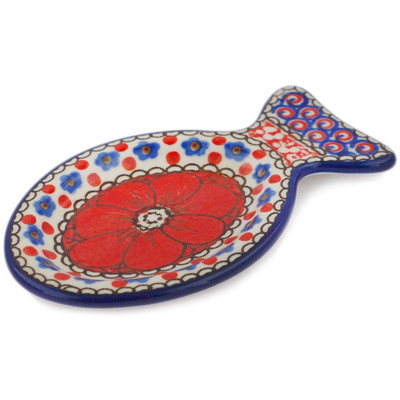 Polish Pottery Tea Bag or Lemon Plate 5&quot; Crimson Poppies UNIKAT