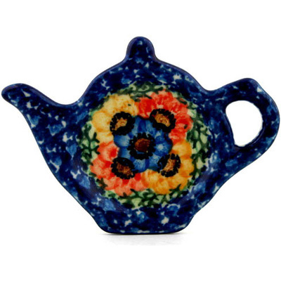 Polish Pottery Tea Bag or Lemon Plate 5&quot; Primary Flower Clusters UNIKAT