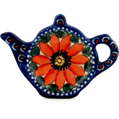 Polish Pottery Tea Bag or Lemon Plate 5&quot; Red Blooms UNIKAT