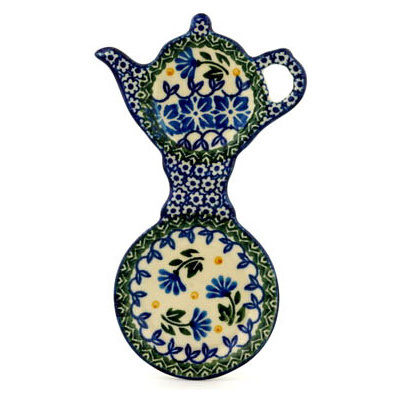 Polish Pottery Tea Bag or Lemon Plate 8&quot; Blue Fan Flowers