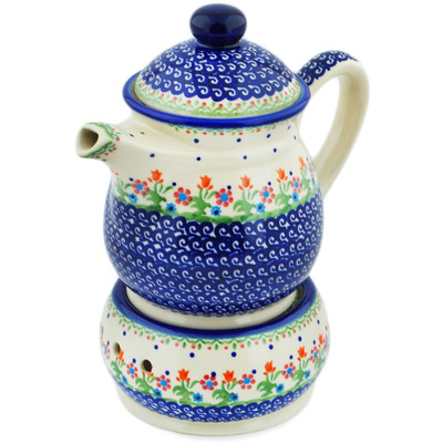 Polish Pottery Tea coffee pot with a heater Spring Flowers