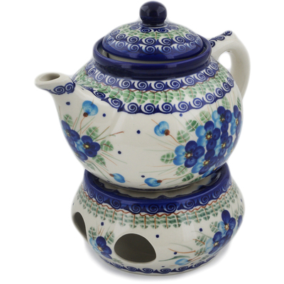 Polish Pottery Tea Coffee Pot with heater Blue Pansy