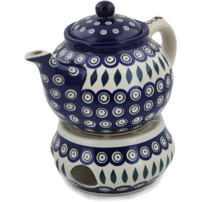 Polish Pottery Tea Coffee Pot with heater Peacock