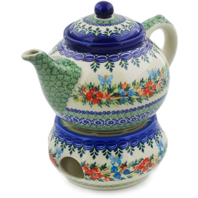 Polish Pottery Tea Coffee Pot with heater Ring Of Flowers UNIKAT