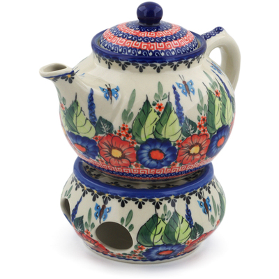 Polish Pottery Tea Coffee Pot with heater Spring Splendor
