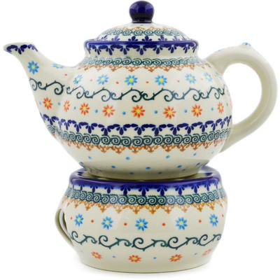 Polish Pottery Tea Coffee Pot with heater Sunflower Dance