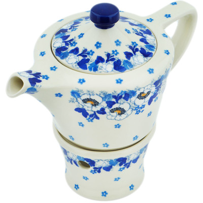 Polish Pottery Tea or Coffe Pot with Heater 14 oz Blue Spring