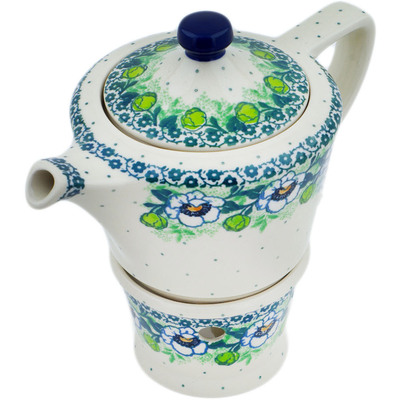 Polish Pottery Tea or Coffe Pot with Heater 14 oz Green Flora