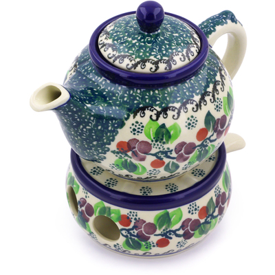 Polish Pottery Tea or Coffe Pot with Heater 15 oz Berry Garland