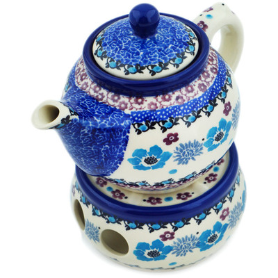Polish Pottery Tea or Coffe Pot with Heater 15 oz Blooming Blues