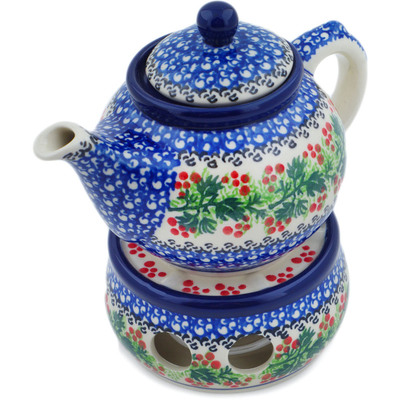 Polish Pottery Tea or Coffe Pot with Heater 15 oz Blooming Rowan