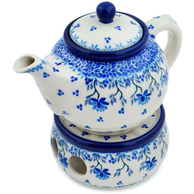 Polish Pottery Tea or Coffe Pot with Heater 15 oz Blue Grapevine