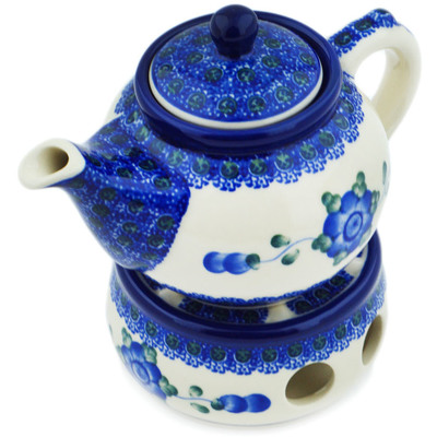 Polish Pottery Tea or Coffe Pot with Heater 15 oz Blue Poppies