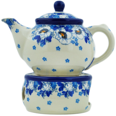 Polish Pottery Tea or Coffe Pot with Heater 15 oz Blue Spring