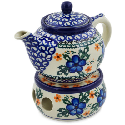 Polish Pottery Tea or Coffe Pot with Heater 15 oz Cobblestone Garden