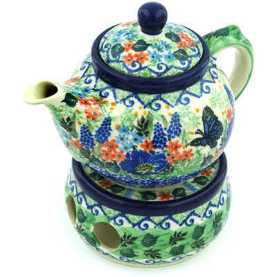 Polish Pottery Tea or Coffe Pot with Heater 15 oz Mariposa UNIKAT